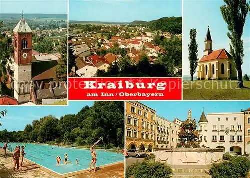AK / Ansichtskarte Kraiburg_Inn Kirchen Panorama Freibad Brunnen Kraiburg Inn