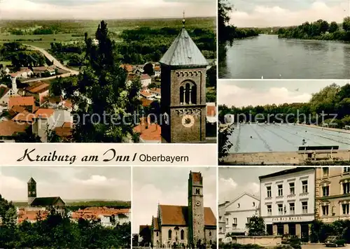 AK / Ansichtskarte Kraiburg_Inn Panorama Innpartie Freibad Kirchen Hotel Kraiburg Inn