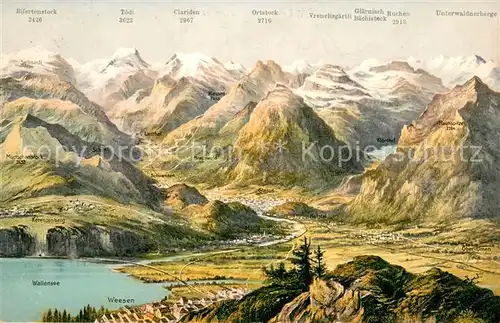 AK / Ansichtskarte Glarus_GL Glarnerland mit Wallensee und Weesen Panoramakarte Glarus_GL