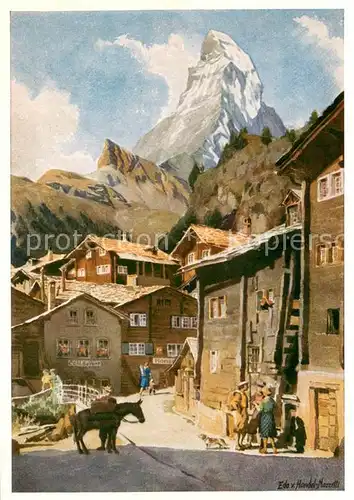 AK / Ansichtskarte Zermatt_VS Dorfstrasse mit Matterhorn Kuenstlerkarte Zermatt_VS