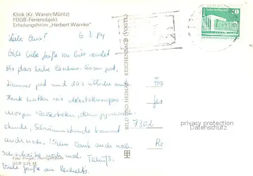 AK / Ansichtskarte Klink_Waren FDGB Ferienobjekt Erholungsheim Herbert Warnke Klink Waren