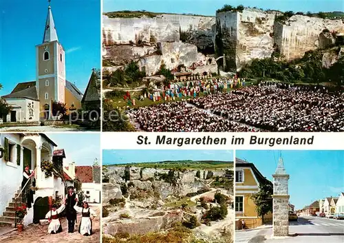 AK / Ansichtskarte St_Margarethen Pfarrkirche m. Karner Volkstanzgruppe Roemersteinbruch Passionsspiel im Roemersteinbruch St_Margarethen