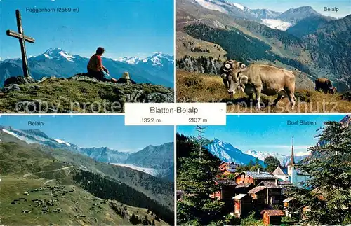 AK / Ansichtskarte Blatten__VS Dorfansicht mit Kirche Belalp Almvieh Gipfelkreuz Foggenhorn Bergwelt Walliser Alpen 