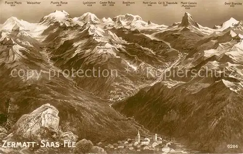 AK / Ansichtskarte Zermatt_VS Panoramakarte mit Saas Fee Zermatt_VS