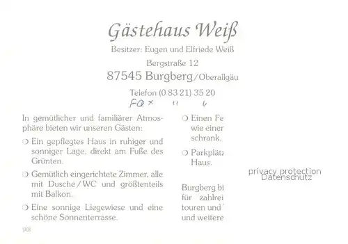 AK / Ansichtskarte Burgberg_Allgaeu Gaestehaus Weiss Burgberg Allgaeu