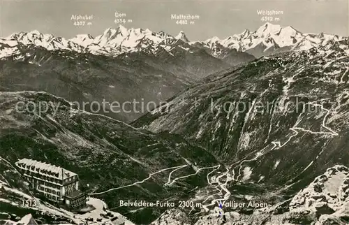 AK / Ansichtskarte Furka Panoramakarte mit Hotel Belvedere und Walliser Alpen Furka