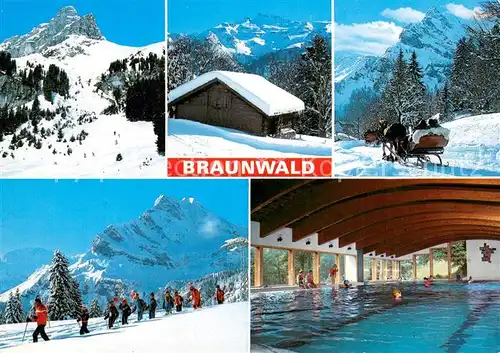 AK / Ansichtskarte Braunwald_GL Winterpanorama Pferdeschlitten Skiwandergruppe Hallenbad Braunwald GL