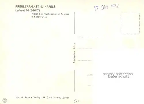 AK / Ansichtskarte Naefels Freulerpalast Noerdliches Prunkzimmer mit Pfau Ofen Naefels