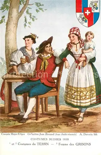 AK / Ansichtskarte Tessin_Ticino Costumes Suisses 1830 et Costumes du Tessin avec Femme des Grisons Tessin Ticino