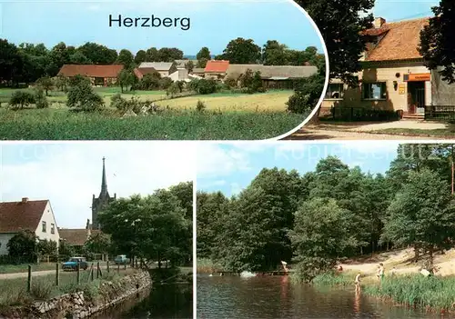 AK / Ansichtskarte Herzberg_Oder Spree Panorama Gasthof Simke Dorfteich und Kirche Badestelle am Herzberger See Herzberg Oder Spree