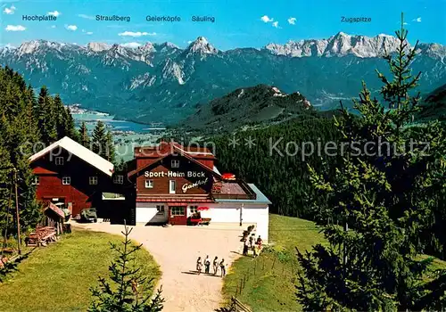 AK / Ansichtskarte Nesselwang Sportheim Boeck mit Hochplatte Saeuling und Zugspitze Nesselwang