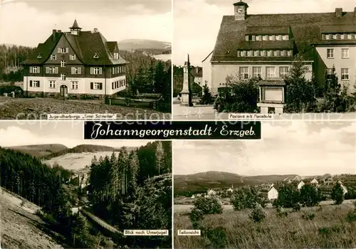 AK / Ansichtskarte Johanngeorgenstadt Jugendherberge Ernst Schneller Postamt mit Postsaeule Blick nach Unterjugel Panorama Johanngeorgenstadt