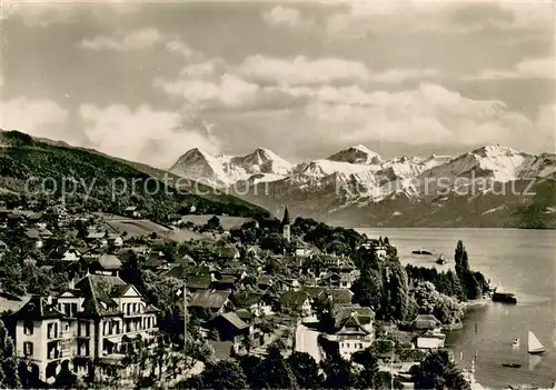 AK / Ansichtskarte Hilterfingen_Thunersee Hotel Marbach mit Eiger Moench und Jungfrau Hilterfingen Thunersee
