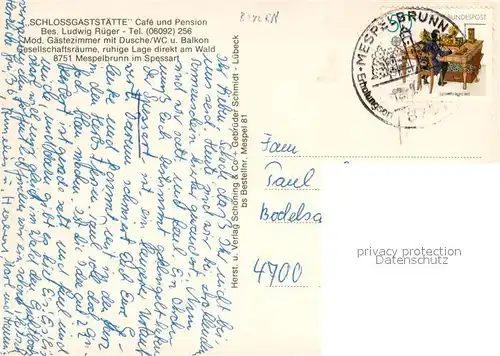 AK / Ansichtskarte Mespelbrunn Schlossgaststaette Cafe Pension Mespelbrunn