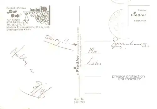 AK / Ansichtskarte Buechlberg Gasthof Pension Zur Post Freibad Liegewiese Pferdekutsche Kegelbahn Kirche Buechlberg