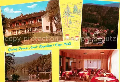 AK / Ansichtskarte Regenhuette_Bayerisch_Eisenstein Gasthof Pension Sperl Panorama Badesee Gastraum Regenhuette_Bayerisch