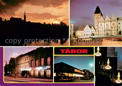 AK / Ansichtskarte Tabor__CZ Pohled pres Jordan Zizkovo namesti Hotel Jordan Restaurace Zlato svicka Reklamy v ulicich mesta 