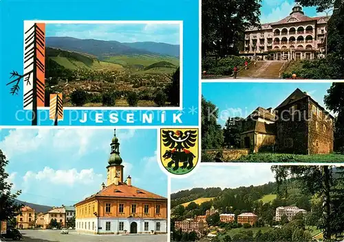 AK / Ansichtskarte Jeseniky_CZ Panorama Jeseniky a Rychlebskymi Muzeem a renesancni radnici Proslule Lazne zalozil Priessnitz Po nem Pojmenovano Lecebnyn prostredky 