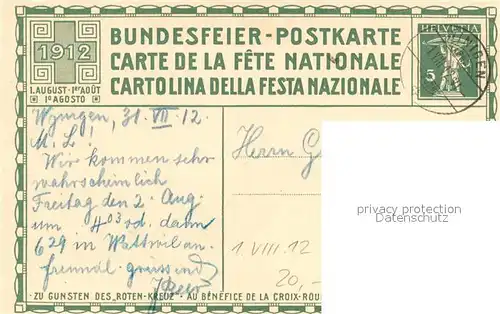 AK / Ansichtskarte Bundesfeier_Schweiz 1912 Roter Kreuz 