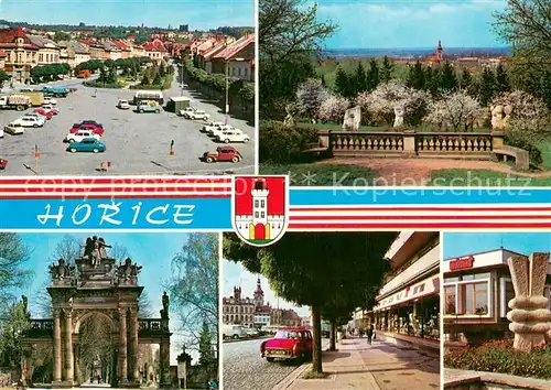AK / Ansichtskarte Horice_v_Podkrkonosi_Horschitz_CZ Revolucni namesti Pohled na Horice od Riegrova obelisku Radnice Hrbitovni portal na Gottharde Motorest Milovice 