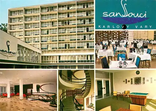 AK / Ansichtskarte Karlovy_Vary_Karlsbad Sanatorium Sanssouci Gastraeume Foyer Treppenaufgang Billardzimmer 