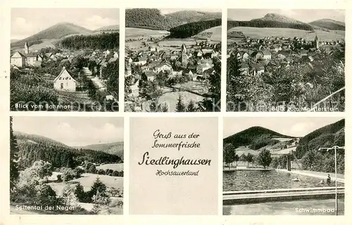 AK / Ansichtskarte Siedlinghausen Blick vom Bahnhof Panorama Blick zum Meisterstein Seitental der Neger Schwimmbad Siedlinghausen