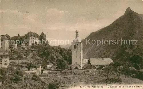 AK / Ansichtskarte Gruyeres__Gruyere_FR Eglise et la Dent de Broc 