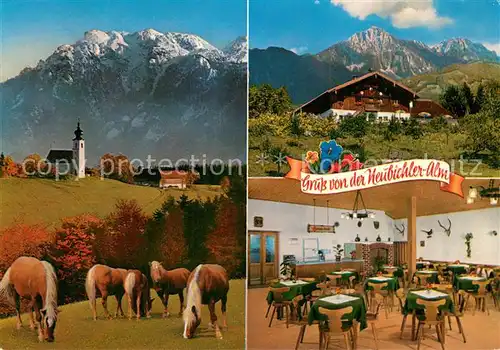 AK / Ansichtskarte Piding Berggaststaette Neubichleralm am Hoegl Pferde Kirche Gastraum Piding