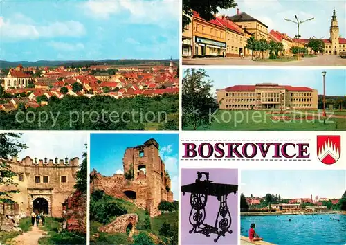 AK / Ansichtskarte Boskovice_CZ Panorama Renesancni brana hradu s cimburim Zriceniny hradu Namesti Obrancu miru Nemocnice Koupaliste 