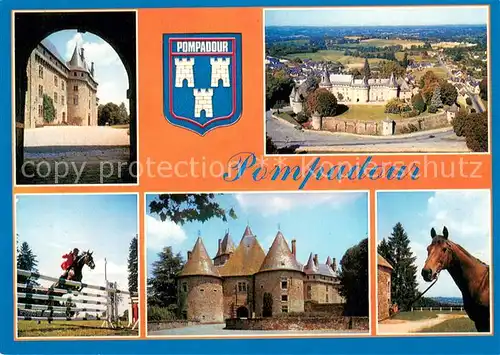 AK / Ansichtskarte Pompadour Entree du Chateau Vue aerienne du chateau Concours hippique Le Chateau Lyflor etalon anglo arabe du Haras national Pompadour