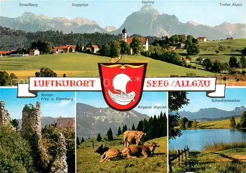 AK / Ansichtskarte Seeg Panorama mit Zugspitze Ruinen Frey und Eisenberg Allgaeuer Alpvieh Schwaltenweiher Seeg