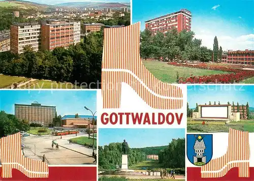 AK / Ansichtskarte Gottwaldov_Tschechien Obchodni dum Prior NamestiPrace s administrativnibudovou np Svit Interhotel Moskva Socha Klementa Gottwalda Letni kino Gottwaldov Tschechien