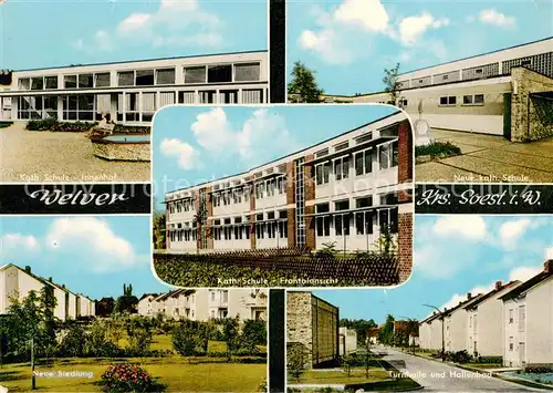 AK / Ansichtskarte Welver Kath Schule Innenhof Neue Siedlung Turnhalle und Hallenbad Welver