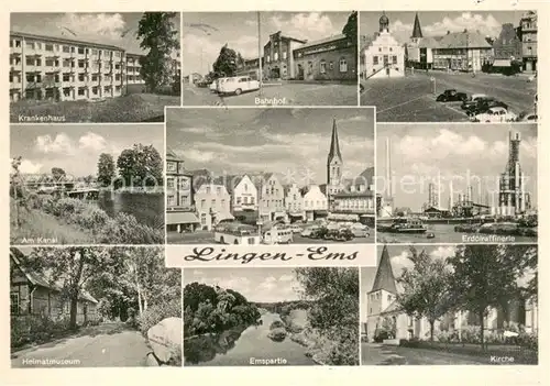 AK / Ansichtskarte Lingen_Ems Krankenhaus Bahnhof Am Kanal Markt Erdoelaffinerie Heimatmuseum Emspartie Kirche Lingen_Ems