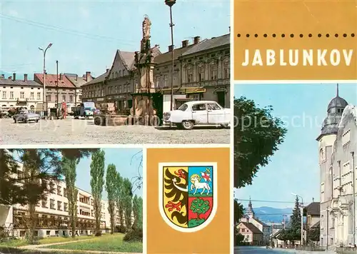 AK / Ansichtskarte Jablunkov_Jablunkau_CZ Motive Innenstadt Marktplatz Brunnen Altstadt Wohnblock Wappen 
