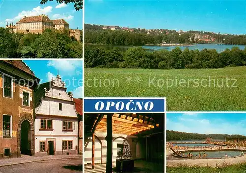 AK / Ansichtskarte Opocno_CZ Renesancni zamek Pohled na mesta pres rybnik Braumar Historicke domy na namesti Pergoly zamecke restaurace Koupaliste 