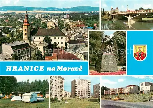 AK / Ansichtskarte Hranice_nad_Morave_Maehrisch_Weisskirchen_CZ Pohled na zamek Most pres reku Becvu Pomnik delostrelcu Autocamping Nova vystavby Vystavba rodinnych domku 