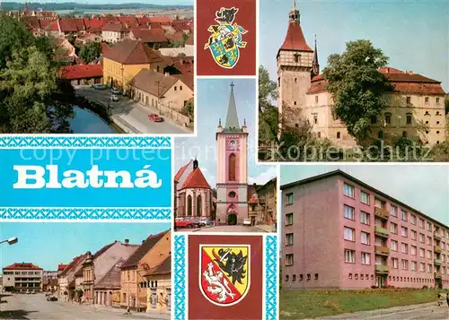 AK / Ansichtskarte Blatna Pohled z veze zamku Vodni zamek Kostel Gottwaldova trida Sidliste Blatna
