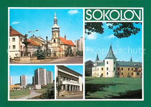 AK / Ansichtskarte Sokolov_CZ Namesti 9 kvetna Zamek puvodne vodni tvrz pozdeji goticky hrad piestaveny Nova vystavba Hornicky dum kultury 