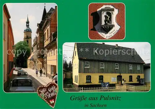 AK / Ansichtskarte Pulsnitz_Sachsen Kirche Steinplastik an der Toepferei Juergel Blaudruckwerkstatt Pulsnitz Sachsen