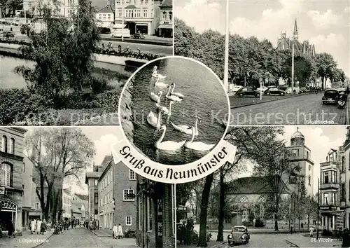 AK / Ansichtskarte Neumuenster__Schleswig Holstein Kieler Bruecke Grossflecken Luetjenstrasse St Vicelin Schwaene 
