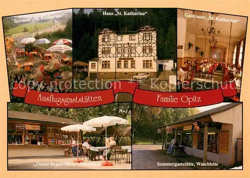 AK / Ansichtskarte Langenberg_Erzgebirge Ausflugsgaststaetten Terrasse Gastraum und Haus St Katharina Onkel Beppo Shop und Sommergaststaette Waschleite Langenberg Erzgebirge
