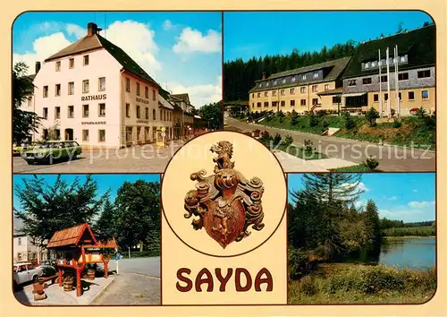 AK / Ansichtskarte Sayda Jugendherberge Rathaus Wappen Infostand Lutherplatz Schwemmteiche Sayda