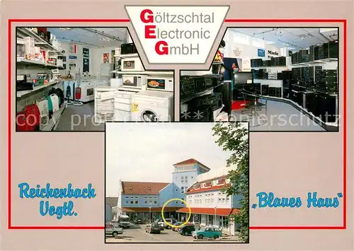 AK / Ansichtskarte Reichenbach_Vogtland Blaues Haus Goeltzschtal Electronic Verkaufsraeume Reichenbach_Vogtland