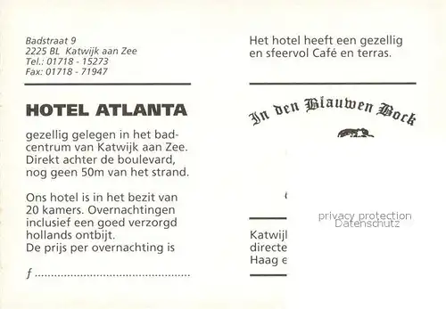 AK / Ansichtskarte Katwijk_aan_Zee Hotel Atlanta Bar Zimmer Cafe en terras In den Blauwen Bock Katwijk_aan_Zee