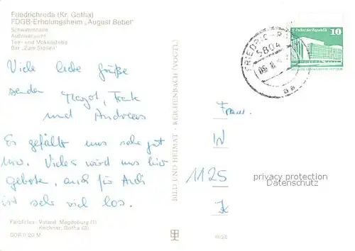 AK / Ansichtskarte Friedrichroda FDGB Erholungsheim August Bebel Schwimmhalle Tee und Mokkastube Bar Zum Stollen Friedrichroda