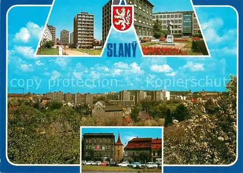 AK / Ansichtskarte Slany_CZ Sidliste Gottwaldovo namesti se sochou B Smetany Namesti 9 kvetna s Velvarskou branou 