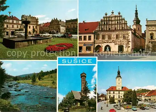 AK / Ansichtskarte Susice_CZ Mesto vzniklo na rece Otave pod Svatoborem Muzeum je goticka stavba s renesancni atikou Radnice s vezi pocazi z roku 