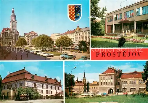 AK / Ansichtskarte Prostejov_Prossnitz_CZ Namesti 9 kvetna s radnici Mestske lazne Pernstejnsky zamek Osvetovy dum 