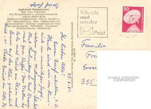 AK / Ansichtskarte Bergenhausen_Hunsrueck Jagdschloss Pleizenhausen Bergenhausen Hunsrueck